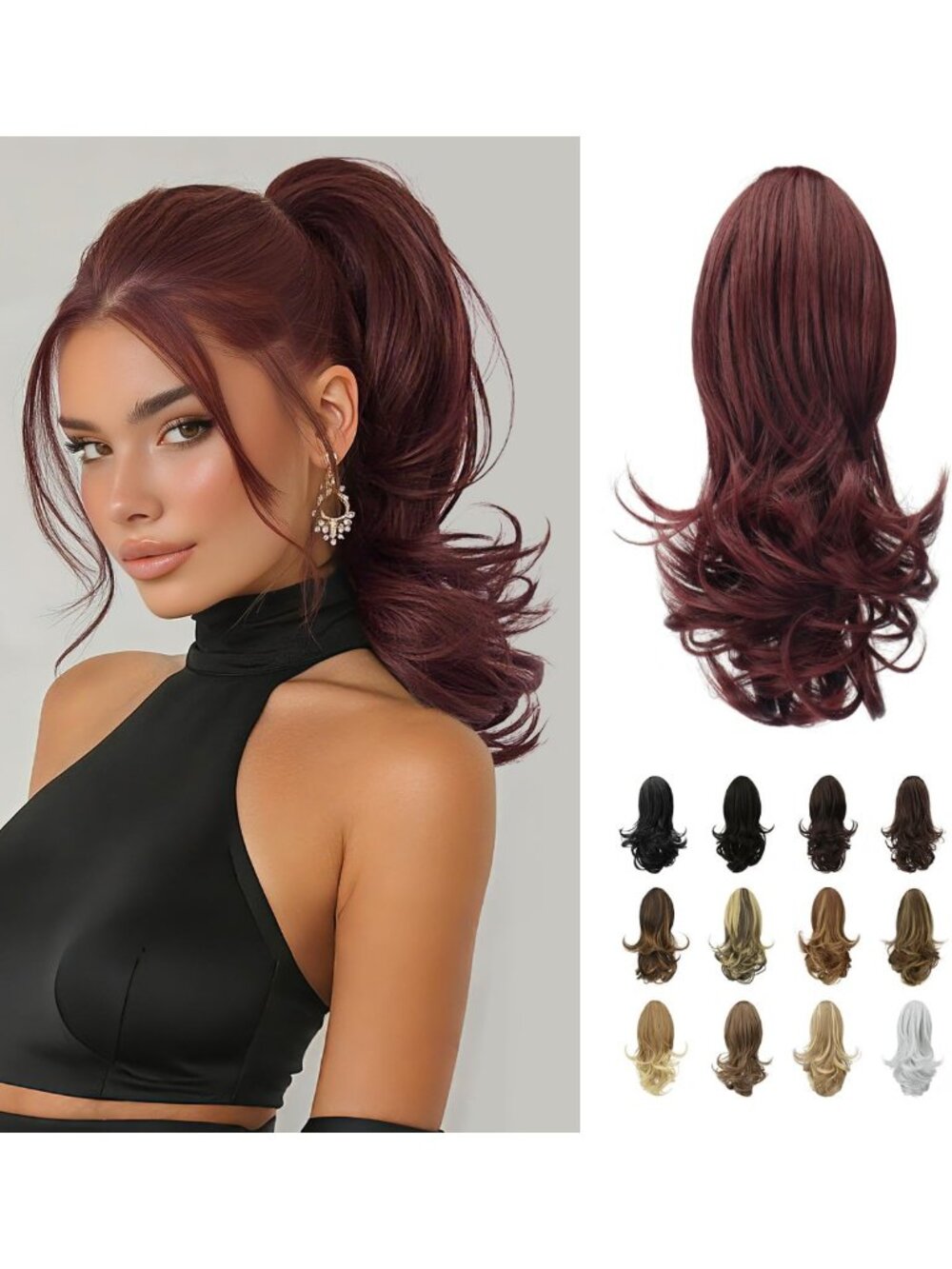 Long Curly 13" Ponytail Extension Clip-In Hairpiece for Women - Wine Red